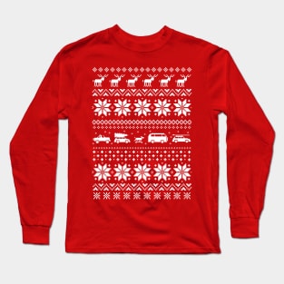 Red and White Christmas Sweater Pattern with Reindeer and Cars Long Sleeve T-Shirt